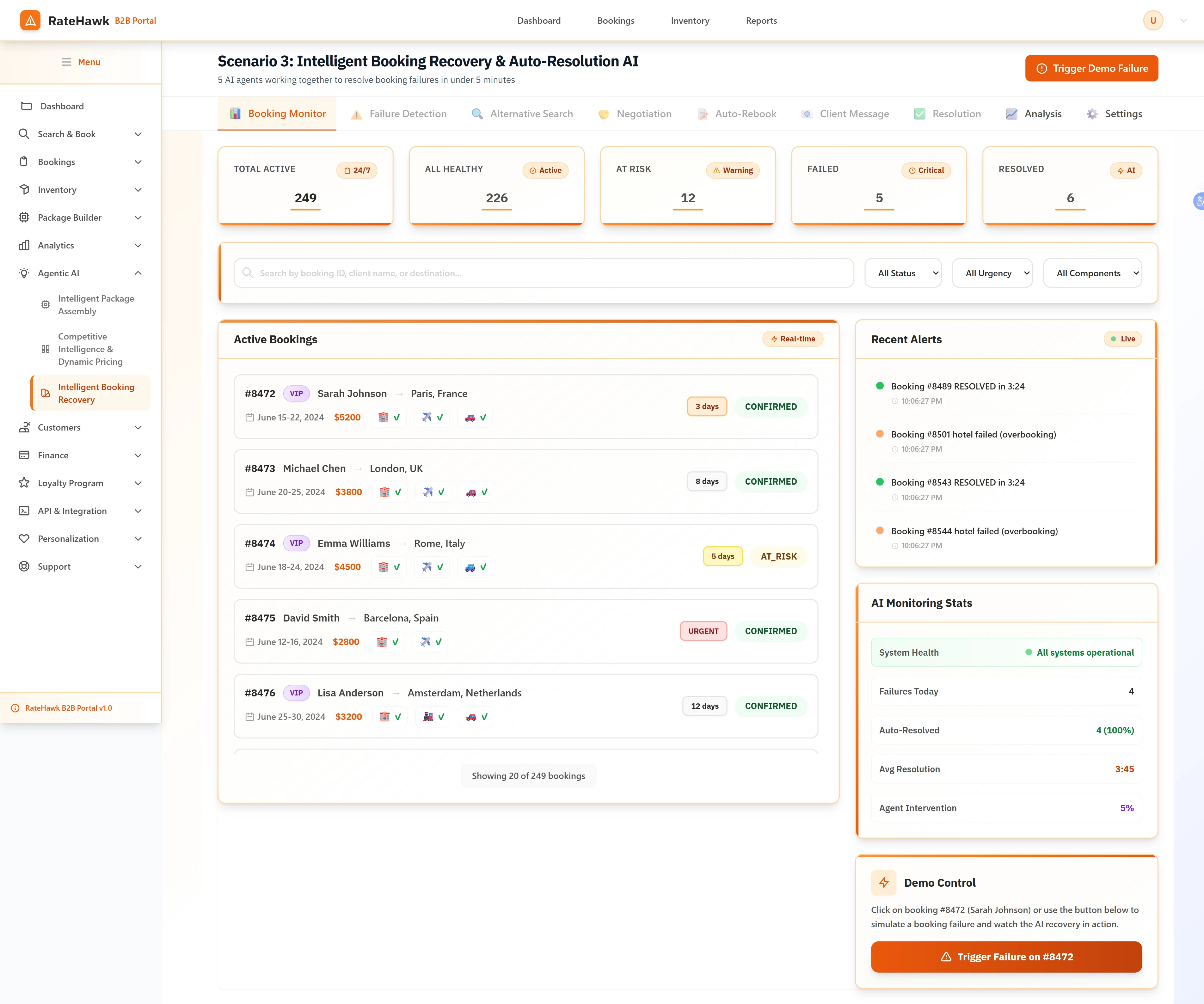 Booking Monitor Dashboard - Real-time tracking of all active bookings with health status, risk levels, and automated recovery alerts